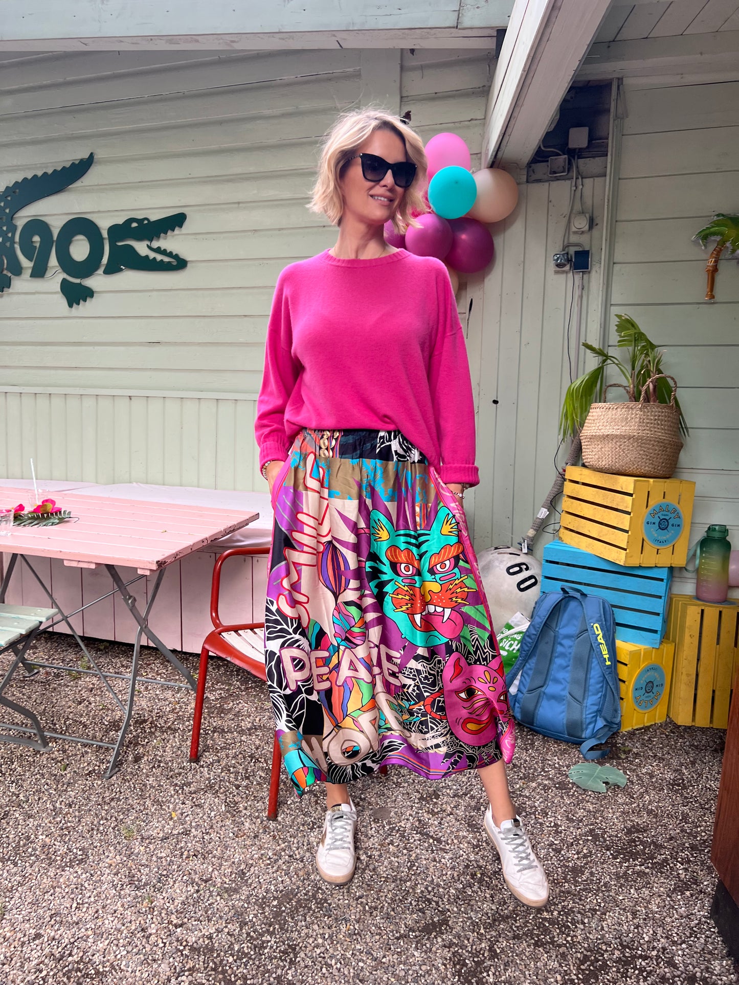 miss goodlife Viskose-Satin Maxi-Rock Love Vibe Cats
